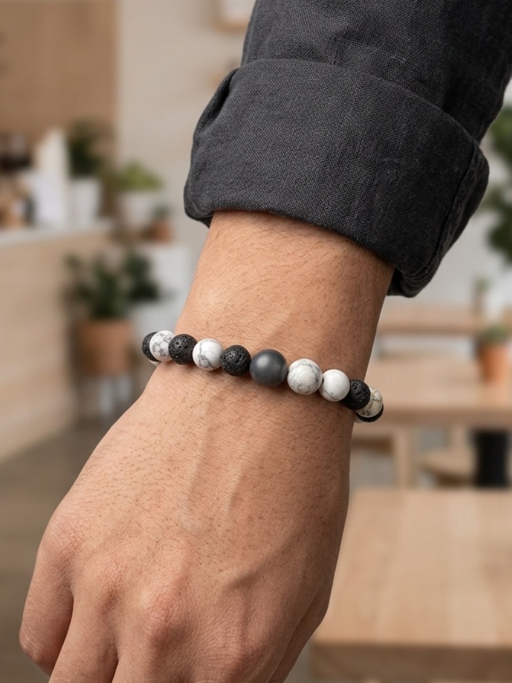 Handmade Howlite and Lava Stone Stretch Bracelet size 6”